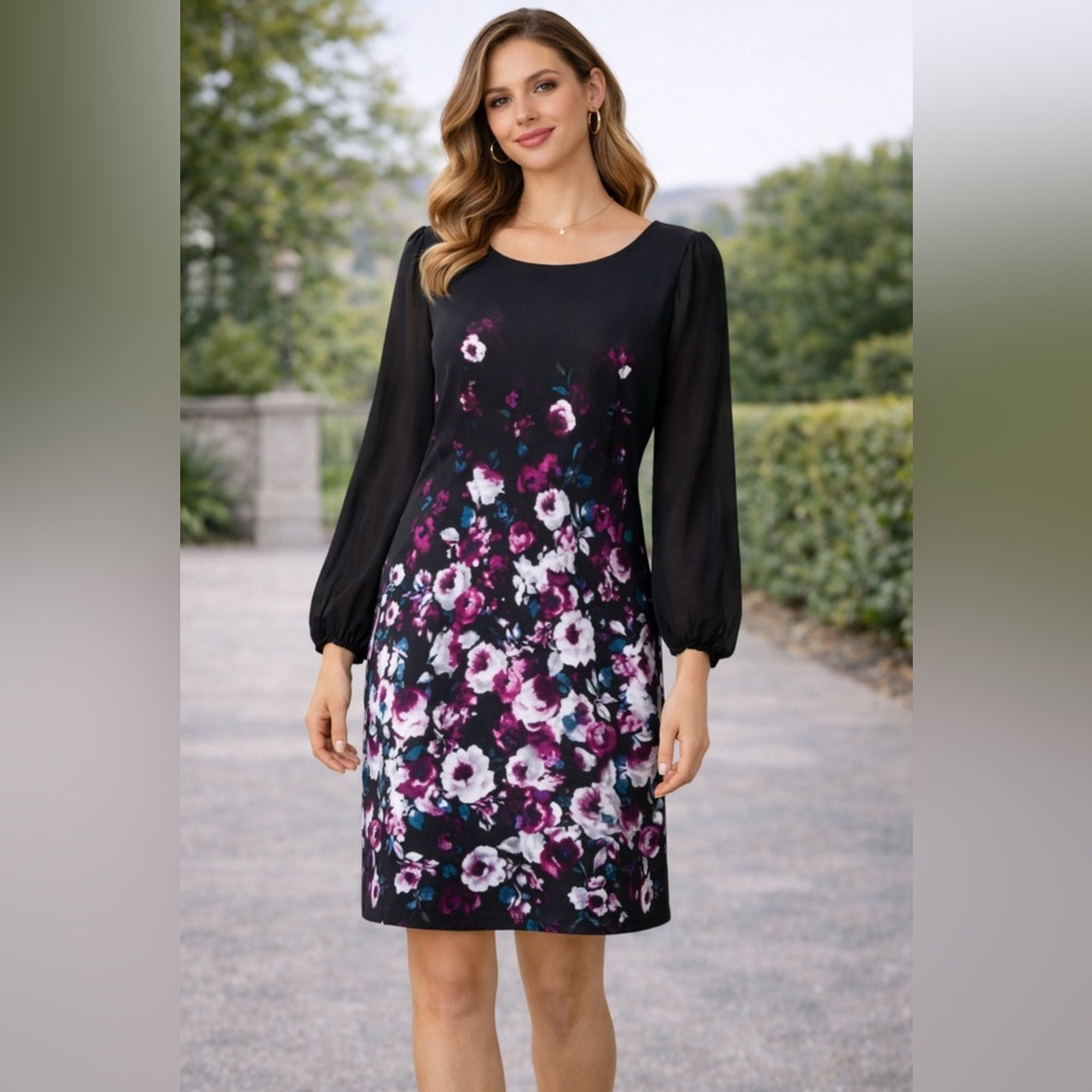 WHBM Sheath Dress 12 Purple Black White Stretch 3/4 Long Sleeve Career Washable